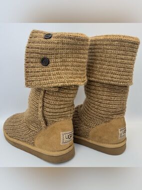 UGG Australia Knit Tall Button Boots Womens Size 7 Tan Beige Sweater Boots
